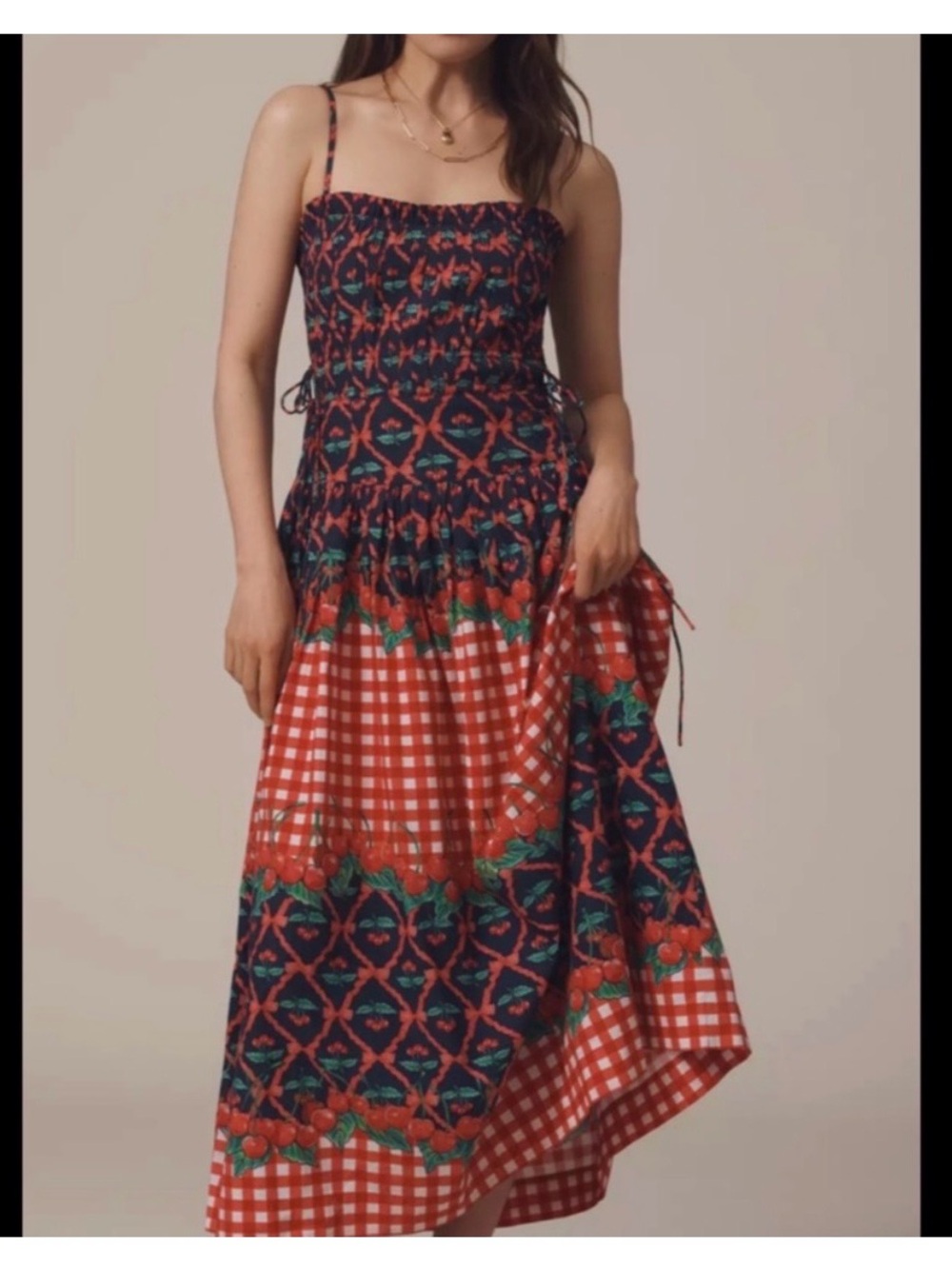 Damson Madder Strapless Red Floral & Gingham Maxi Dress